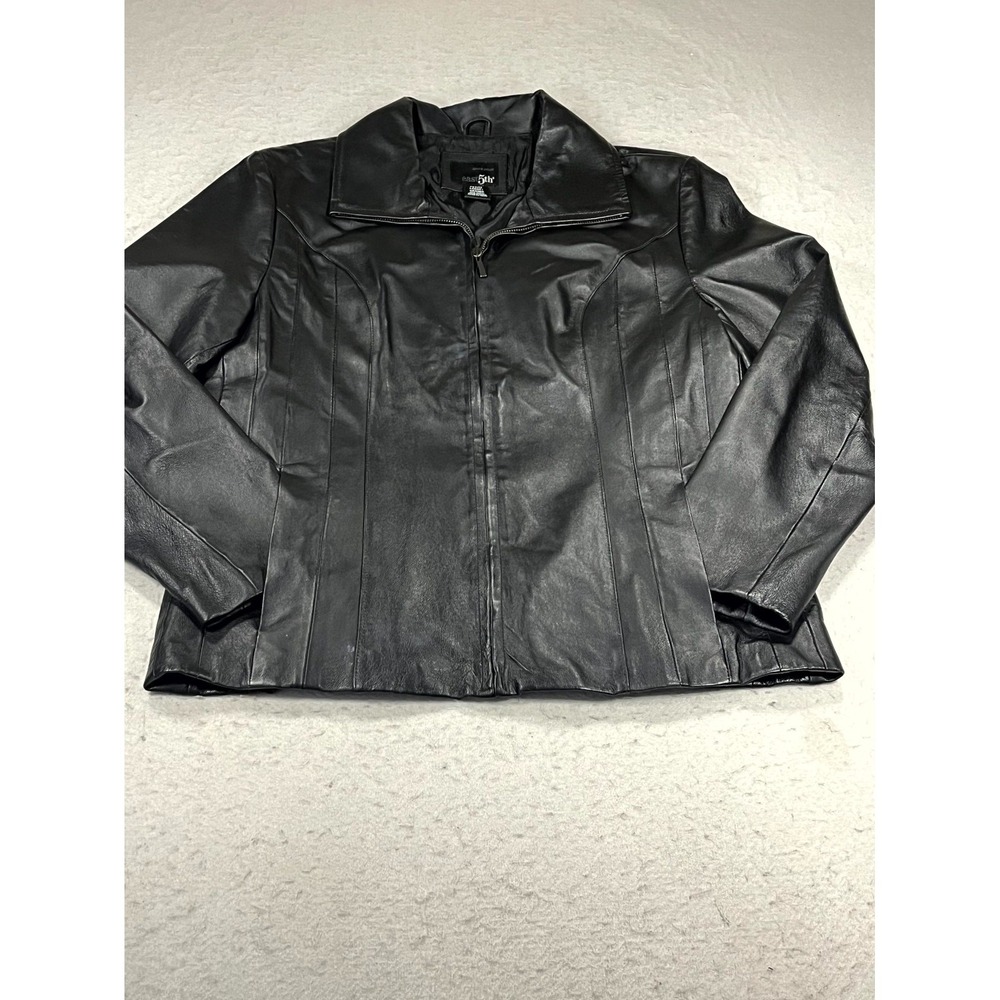 East 5th Genuine Leather Jacket Womens Petite Large Black Lined Y2K Full Zip